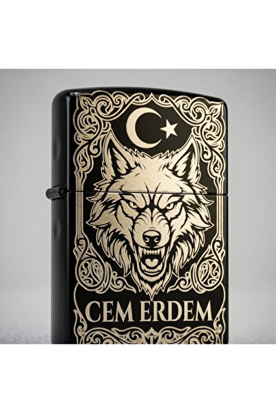 TamgaCrafts Kişiye Özel İsimli Ay Yıldızlı Bozkurt Siyah Metal Benzinli Çakmak