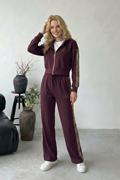 Roza Pijama Leopar Detaylı Bol Paça Kapüşonlu Uzun Kol Kadın Eşofman Takımı R...