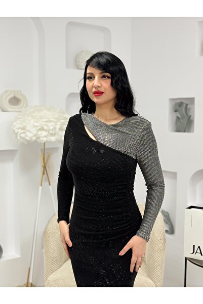 JAQUEEN فستان أسود بتصميم كتف واحد وتطريز لامع