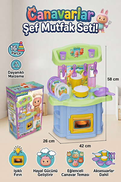 craftivio Canavarlar Şef Oyuncak Mutfak Seti 16 Parça Işıklı Fırınlı Büyük Bo...