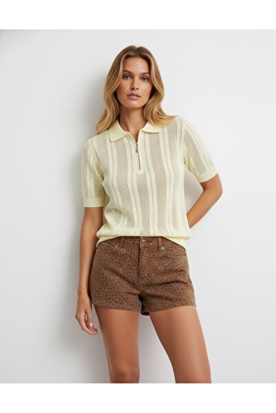 Arbucky Women's Polo Collar Zippered Openwork Knitwear Blouse