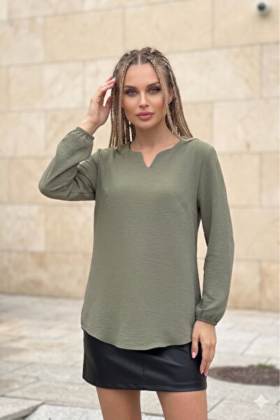 Pasaklı Giyim Γυναικεία Χακί Μπλούζα Τουνίκ με Ελαστικό Μανίκι, Οβάλ Κόψιμο κ...