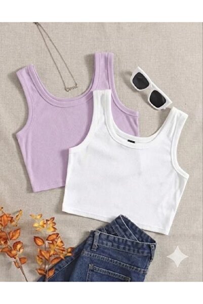 MİLYA&GYM Women's 2-Piece Cotton Camisole Ribbed Fabric Thick Strap Square Ne...