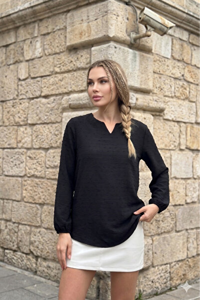 Pasaklı Giyim Γυναικεία Μαύρη Μπλούζα Τουνίκ με Πομπόν, Ελαστικό Μανίκι, Οβάλ...