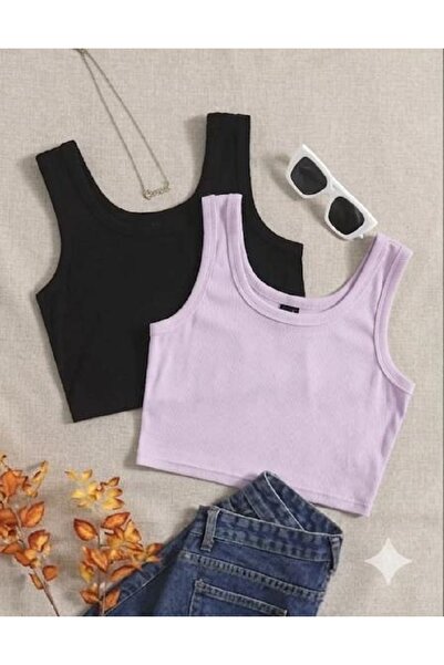 MİLYA&GYM Women's 2-Piece Cotton Camisole Ribbed Fabric Thick Strap Square Ne...
