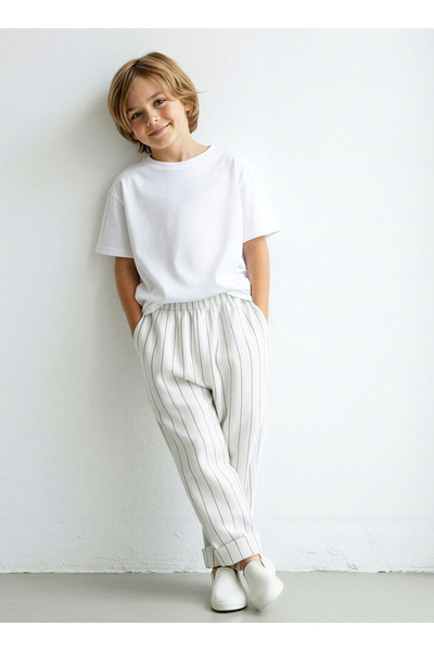 Catz Kids Παντελόνι αγορίστικο από βαμβακερό λινό, μαύρο και λευκό, με λεπτές...