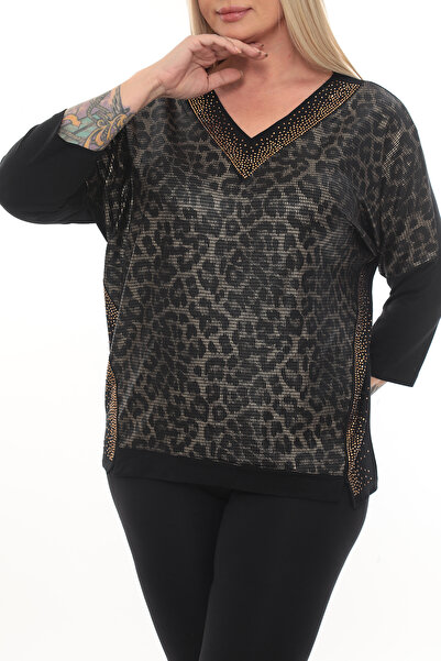 QRUVAZE Plus Size V-Neck Stone Decorated Blouse