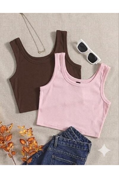 MİLYA&GYM Women's 2-Piece Cotton Camisole Ribbed Fabric Thick Strap Square Ne...