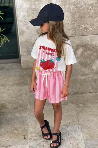 Monila Κοριτσίστικο βαμβακερό μπλουζάκι με στάμπα φράουλας και ριγέ σορτς σετ