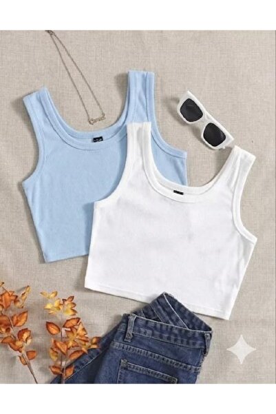 MİLYA&GYM Women's 2-Piece Cotton Camisole Ribbed Fabric Thick Strap Square Ne...