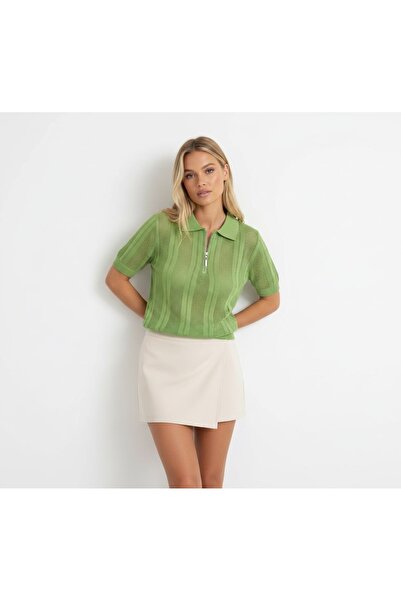 Arbucky Women's Polo Collar Zippered Openwork Knitwear Blouse