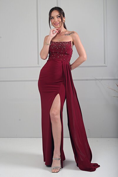 By Saygı Women's Strazlez Bat Collar Lined Stone Embroidered Front D Draped L...