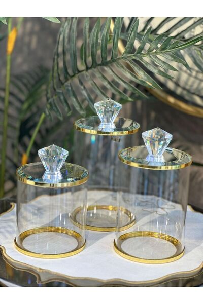 Empressco Gold Detaylı Kristal Kapaklı Cam Kavanoz Seti – 3’lü Lüks Çok Amaçlı