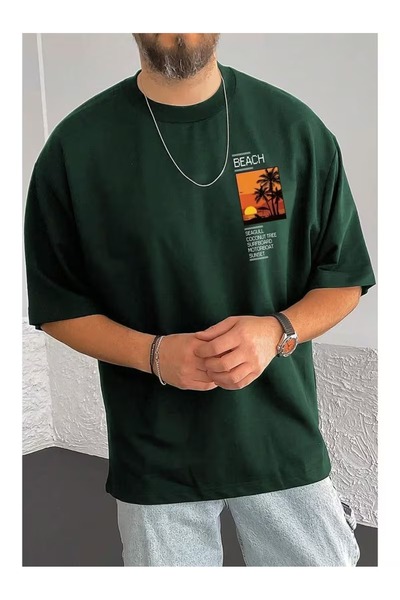 ZİYMO Ανδρικό μπλουζάκι με στάμπα παραλίας, oversized