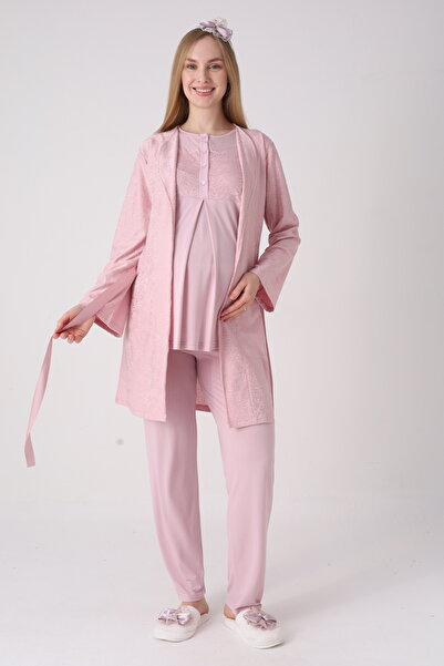 ERDENİZ TEKSTİL Σετ πιτζάμες εγκυμοσύνης και ρόμπας ζακάρ, δαντέλα κεντημένη ...