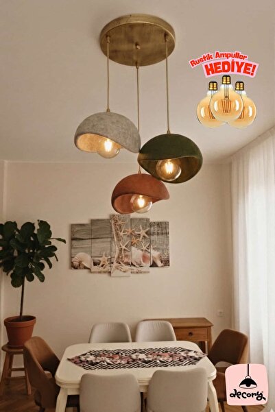 decory Beton Görünümlü 3'lü Sarkıt Avize, İskandinav Tarzı Bohem Sarkıt Avize...