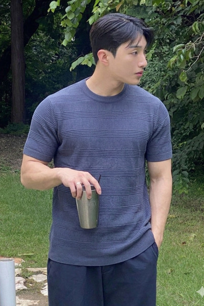 BLUE STREET Ribbed Knitwear T-Shirt Men's Slim Fit Summer Premium Basic Top