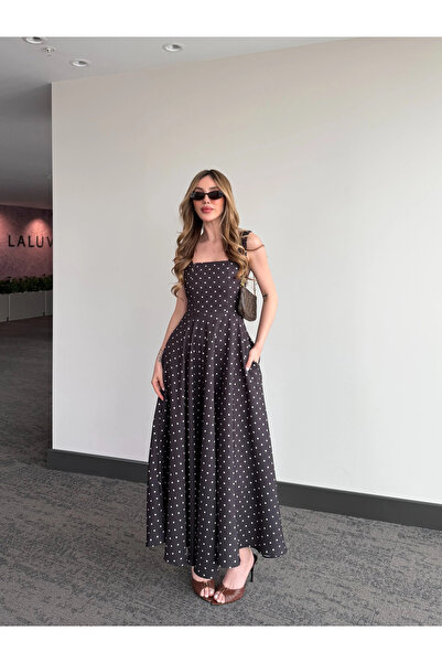 Laluvia Καφέ φόρεμα βασίλισσας με πουά και φιόγκο στη μέση - 5107