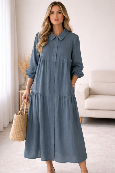 Lissmore Collar and Trim Bead Embellished Viscose Kupra Blend Full Dress