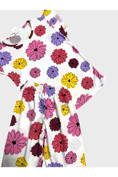 tusem butik homewear Girls Cotton White Pink Purple Floral Ruffled Sleeves Short Sleeves Shorts Pajama Set