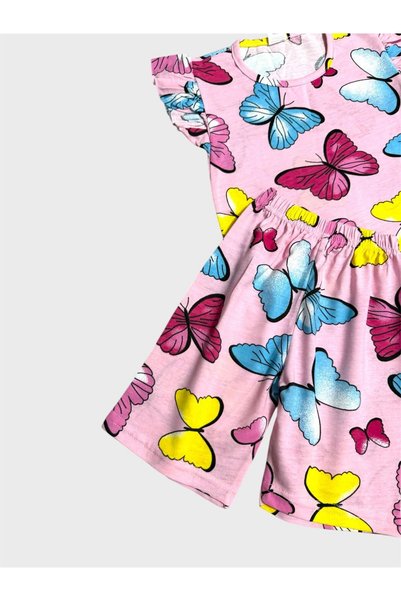 tusem butik homewear Girls Cotton Pink Ruffled Short Sleeve Shorts Summer Pajamas Set