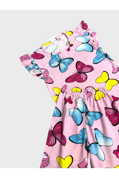 tusem butik homewear Girls Cotton Pink Ruffled Short Sleeve Shorts Summer Pajamas Set