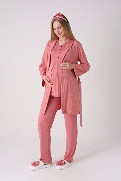 ERDENİZ TEKSTİL Σετ πιτζάμες εγκυμοσύνης και ρόμπας, με γιακά σάλι ζακάρ, δαν...