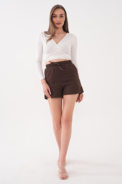 ŞİMAL Γυναικείο λινό σορτς με ελαστική μέση και τσέπες 260416 - 260004