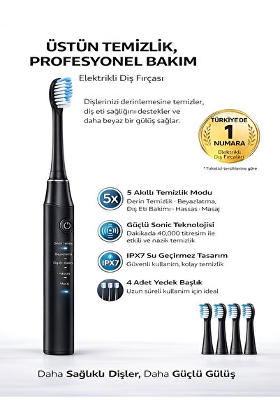 DEANB 500mAh Titreşimli Elektrikli Diş Fırçası 5 Modlu 4 Yedek Başlık Type-C ...