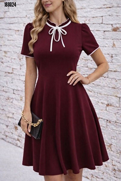 moda wanilia Women's Short Sleeve Lace-Up Collar Ruffle Midi Janjan Crepe Dress