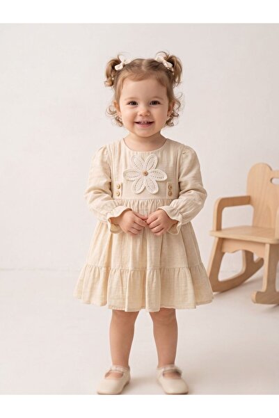 Cherrys Bebek Linen Textured Baby Dress with Button Detail