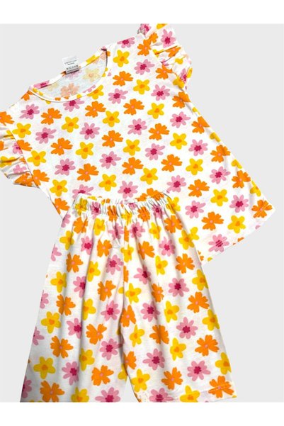 tusem butik homewear Girls Cotton White Orange Floral Patterned Short Sleeve Shorts Pajama Set with Ruffle Sleeves