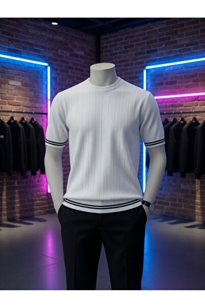 ixir Men's Short-Sleeved Summer Striped Crew Neck Knitwear T-Shirt 100% Cotto...