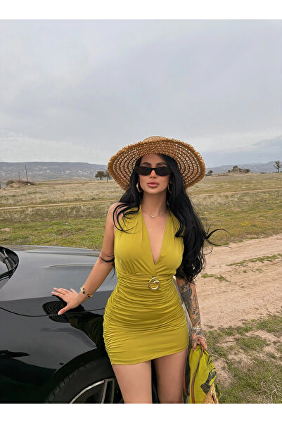 kırmızı butiks Πράσινο φόρεμα με δέσιμο στο λαιμό και αγκράφα