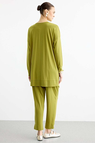 Tığ Triko Cross-Strapped Tunic Layered Pants Set Green