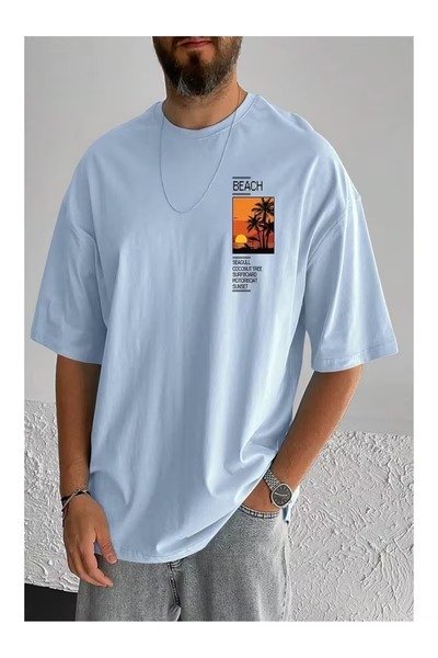 ZİYMO Ανδρικό μπλουζάκι με στάμπα παραλίας, oversized