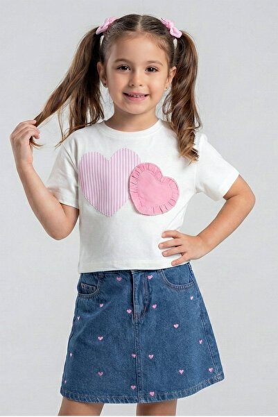 Dmb Κοριτσίστικο Σετ με Λεπτομερές T-Shirt με Σχέδιο Καρδιά και Τζιν Σορτς-Φο...