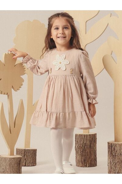 Cherrys Bebek Linen Textured Baby Dress with Button Detail