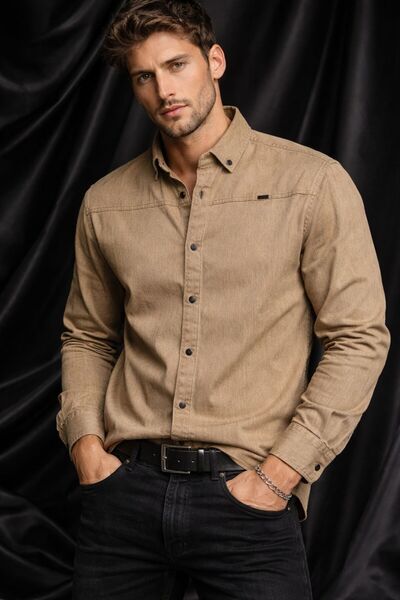 erkek camel slim fit denim görünümlü gömlek
