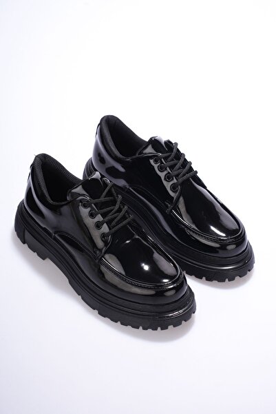 Mhoda Shoes Παπούτσια μοκασίνι με κορδόνια, μαύρο λουστρίνι