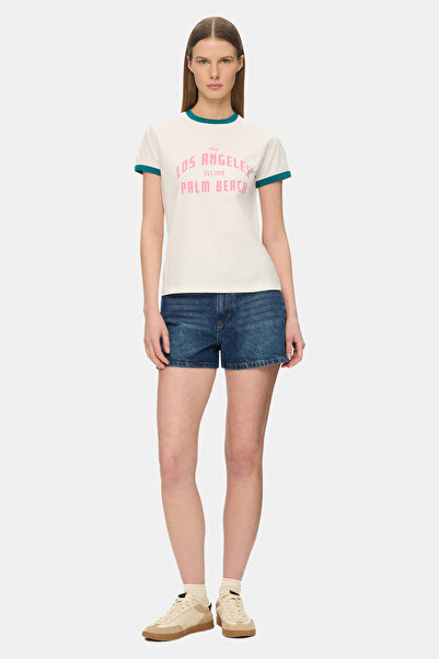 UCLA LENI Kemik Rengi Bisiklet Yaka Baskılı %100 Pamuk Standard Fit Kadın Tshirt