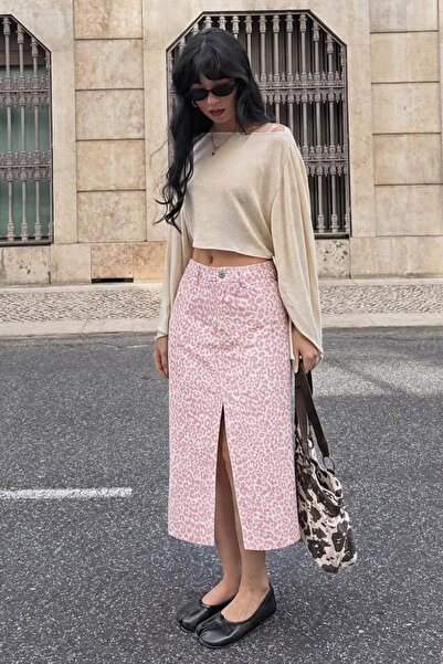hacker Kadın Trend Pamuklu Leopar Desenli Yırtmaçlı Pembe Midi Kot Etek