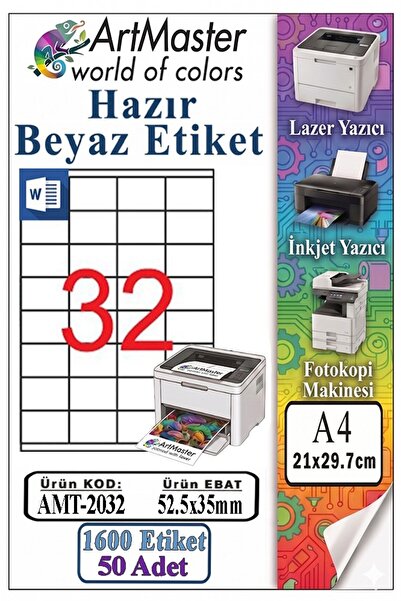 Artmaster ملصقات بيضاء جاهزة مقاس A4 52.5×35 مم 50 ورقة في عبوة واحدة تحتوي ع...