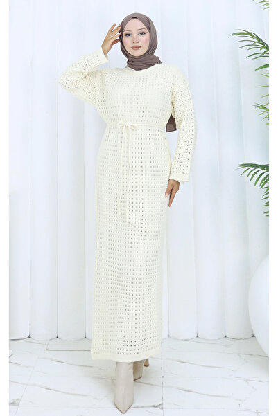 TATULA Knitted Detailed Waist-Tie Long Knitwear Dress
