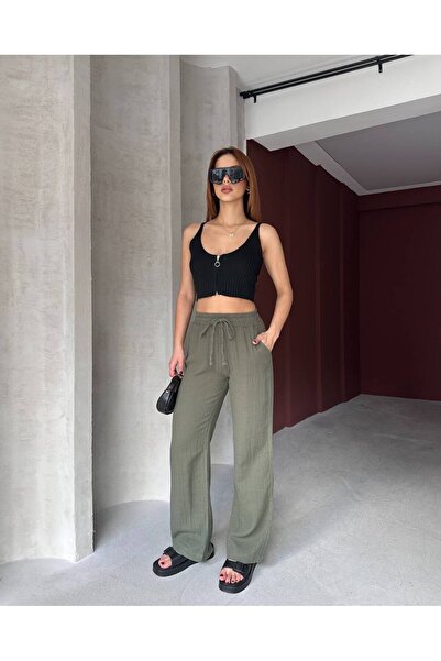 PİNK FLY Γυναικείο λινό παντελόνι μουσελίνας με φαρδιά μπατζάκια