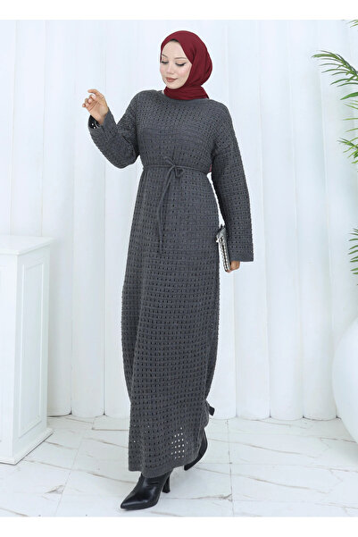 TATULA Knitted Detailed Waist-Tie Long Knitwear Dress