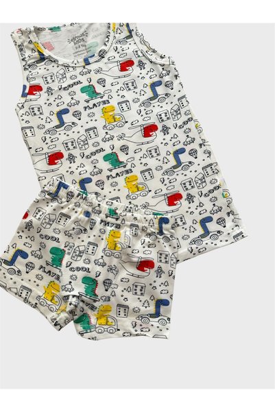 tusem butik homewear Boy's White Helicopter Dinosaur Patterned Athlete Boxer Set