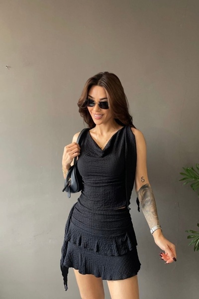 Auroveen Μπλούζα με υφή Degaje Yaka με βολάν και μίνι φούστα - Σετ άνω-κάτω A...