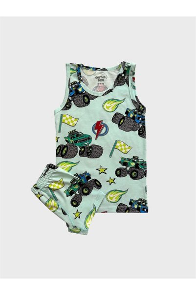 tusem butik homewear Boy's Water Green Jeep Flag Patterned Athlete Boxer Set