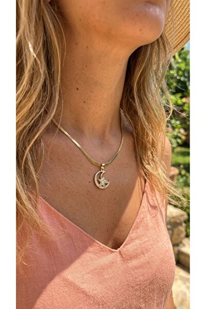 İNN JEWELLERY قلادة فولاذية مضادة للصدأ ومضادة للحساسية على شكل قمر (ضمان الم...